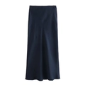 Elegant high-waisted navy blue midi skirt with silky satin finish and A-line silhouette - XS / Navy Blue