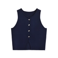 Women's chic dark blue knit vest with unique silver buttons and round neckline - S / Black