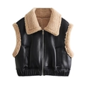 Damen 2024 Herbst Winter Weste aus schwarzem PU-Leder mit beigem Lammfellbesatz - XS / Schwarz