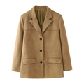 Chaqueta blazer de antelina color camel para mujer con solapas y bolsillos para el otoño - S / Caqui