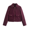 Women's burgundy tweed short jacket with metallic zipper closure and front flap pockets - Burgundy