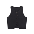 Gilet noir sans manches pour femme avec boutons en métal argenté et ourlet croisé - S / Noir