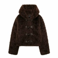 Women's coffee brown faux fur hooded coat featuring stylish black toggle button closures - XS / Dark Brown