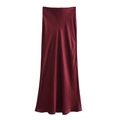 Elegant wine red high-waisted satin midi skirt with a smooth silky texture - XS / Burgundy
