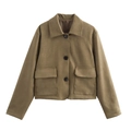 Damen-Kurzjacke 2024 aus braunem Wildlederimitat mit Revers und großen Taschen - S / Khaki