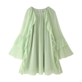 Elegantes mintgrünes Langarm-Chiffonkleid mit gestuften Volants und einem Rundhalsausschnitt - S / Hellgrün