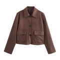 Damen Vintage Cropped-Jacke aus braunem Wildlederimitat mit Reverskragen und großen Taschen - S / Braun