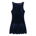 Mini robe sans manches en velours bleu marine avec nœuds et jupe plissée chic - XS / Velours / Bleu Royal