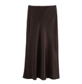 Elegantly draped deep brown satin midi skirt with high waist and silky glossy finish - XS / Brown