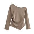 Women's chic asymmetrical off-shoulder long sleeve top in coffee brown with ruched details - S / Khaki