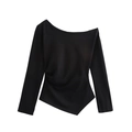 Women's black long sleeve top featuring asymmetrical neckline and ruched hem design - S / Black