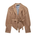 Braune Wildlederimitat-Jacke mit Falten-Schultern, Taillengürtel und Blumen-Futter - S / Hellbraun