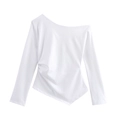 Chic white off-shoulder long sleeve top with ruching and asymmetrical hem for women - S / White
