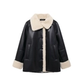 Chaqueta de cuero sintético para mujer con cuello de solapa en sherpa crema y ribetes - XS / Negro