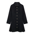 Vestido corto negro de tweed con manga larga, botones de lazo dorados y falda línea A - XS / Negro (Como se Muestra)