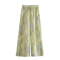 Damen Leinenhose mit weitem Bein und gelb-grauem Aquarell-Batikmuster-Druck - XS / Bedruckte Weite Hose (Hose)