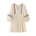 Detail of bohemian ivory cotton dress with ethnic geometric embroidery on sleeves - XS / Milky White