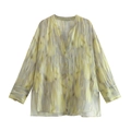 Damen Ramie Langarmshirt mit Gelbem Print, V-Ausschnitt und lockerer Passform Design - XS / Langarm Bedrucktes Hemd (Oberteil)
