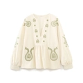 Close-up of V-neck beige blouse featuring intricate green paisley floral embroidery - S / Beige