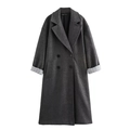 Abrigo largo clásico de lana gris oscuro para mujer con botones y forro de rayas suaves - XS / Gris