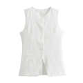 Detailed view of white sleeveless blazer vest with four buttons and split hem design - S / Vest