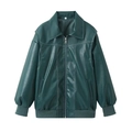 Chaqueta vintage de mujer en cuero sintético verde oscuro con costuras blancas en contraste - S / Verde