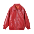 Chaqueta bomber clásica de cuero PU rojo brillante con cuello de solapa y cremallera - S / Rojo