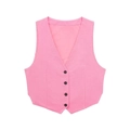 Damen Set aus rosa Leinenweste mit V-Ausschnitt, schwarzen Knöpfen und Shorts - XS / Tops / Rosa