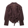 Veste courte en daim marron chocolat avec épaules plissées et ceinture à la taille - Rouge Foncé