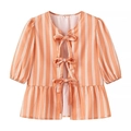 Vertikal orange gestreifte Bluse mit Schleifen, Laternenärmeln und Rüschensaum-Details - S / Orange
