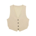 Damen Weste aus Leinen in Beige mit V-Ausschnitt und vier schwarzen Knöpfen im Set - XS / Tops / Khaki