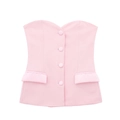 Detail of pink strapless crop top with matching fabric buttons and flap pockets - M / Pink Top