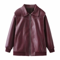 Chaqueta vintage de cuero sintético rojo oscuro para mujer con costuras blancas - S / Burdeos