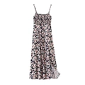 Damen Midi-Kleid aus Leinenmix mit Blumendruck, gesmoktem Mieder und Seitenschlitz - XS / Navy Blumig