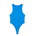 Detail view of royal blue halter neck bodysuit with smooth stretch fabric and snap closure - Lake Blue