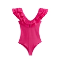 Fuchsia flemish-trimmed bodysuit in ribbed fabric for women with ruffled V-neckline detail - S / Rose Red