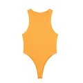 Close-up of bright orange halter neck bodysuit with S-size label on a white background - Orange