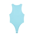 Detail of light blue sleeveless bodysuit featuring a crew neck and snap button closure - Aqua