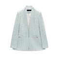 Blue and white houndstooth slim fit blazer for women with pearl gold buttons - S / Blue Plaid