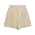 Dettaglio dei pantaloncini in lino kaki a vita alta con pieghe frontali e tasche laterali - XS / Pantaloni e gonne / Kaki