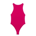 Detailed view of magenta high neck halter bodysuit in elastic stretch fabric - Rose Red