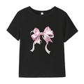 Gros plan sur l'imprimé nœud rose du t-shirt noir en coton montrant la texture - Noir avec noeud rose