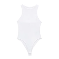 Close-up of white ribbed halter neck bodysuit with snap closure and high-cut leg - XS / Tops / White