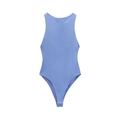 Detail of the halter neck sleeveless periwinkle blue bodysuit with high cut leg design - Sky Blue