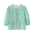 Blouse rayée verte et blanche pour femmes avec nœuds, manches bouffantes et ourlet volanté - S / Vert
