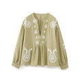 Blouse bohème verte à col en V avec broderie blanche et manches bouffantes - Jaune-vert