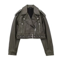 Dunkelgrüne Vintage-Bikerjacke aus Kunstleder mit Gürtel und asymmetrischem Reißverschluss - XS / Olivgrüne Jacke