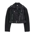 Damen Kurzjacke aus schwarzem Kunstleder mit asymmetrischem Reißverschluss und Gürtel - XS / Gewaschene Schwarze Jacke