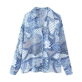Camicia donna a maniche lunghe con stampa paisley blu e bottoni, stile vintage 2024 - XS / Top Con Stampa Paisley