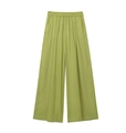 Detailweergave van de olijfgroene wijde broek met elastische taille en linnen textuur - XS / Groene Broek